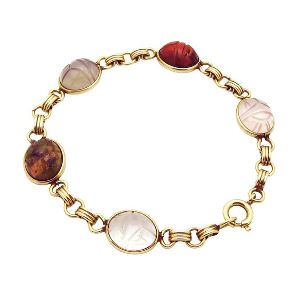 Vintage 12K Gold Filled Aumara Scarab Beetle Egyptian Revival Gemstone Bracelet - Picture 10 of 10